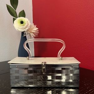 Vintage 1950's White Marbled Lucite Purse w/ Silver Metal Basket Weave bottom